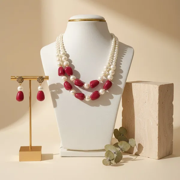 Red_White_Pearl_Necklace_With_Earrings