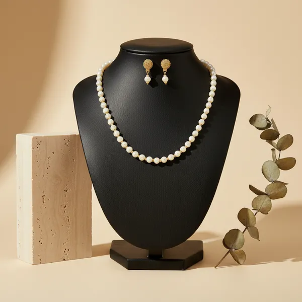 White_&_Golden_Pearl_Necklace_With_Matching_Earrings