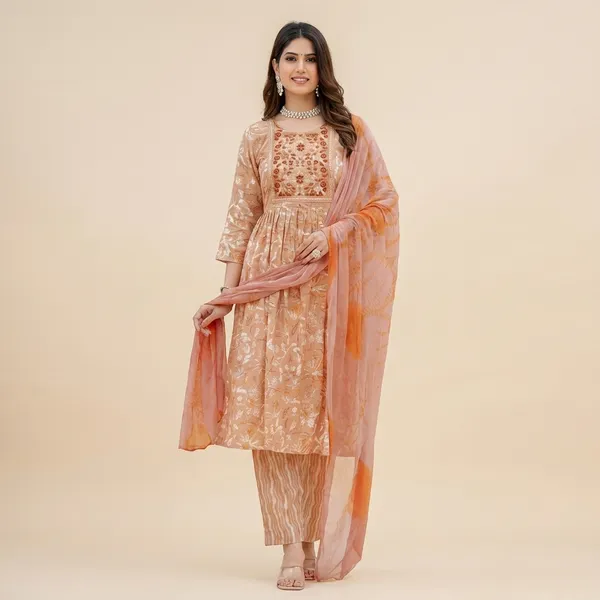 Peach_Pure_Cotton_Kurti_Set_With_Dupatta_For_Women