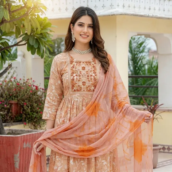 Peach_Pure_Cotton_Kurti_Set_With_Dupatta_For_Women