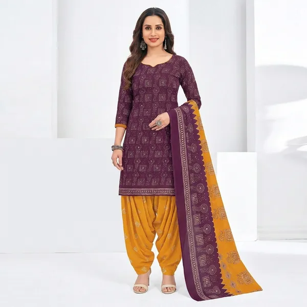 Purple_And_Yellow_Pure_Cotton_Kurti_Set_With_Dupatta_For_Women