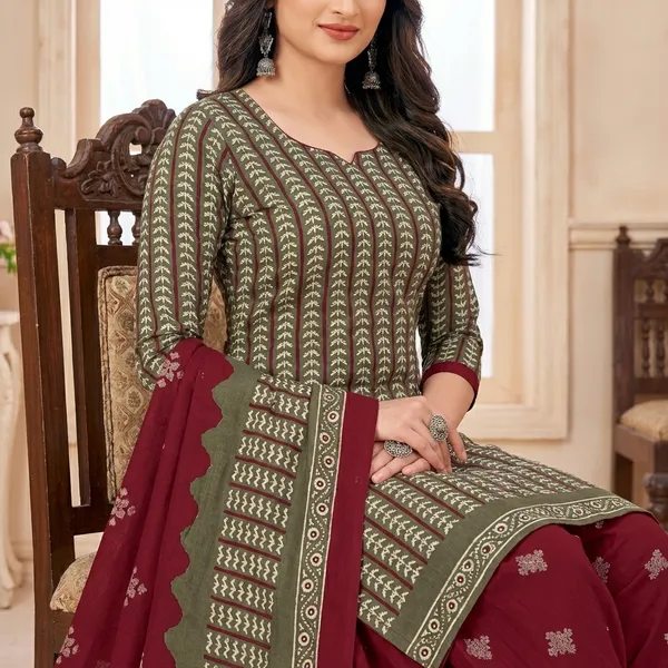 Green_And_Brown_Pure_Cotton_Kurti_Set_With_Dupatta_For_Women