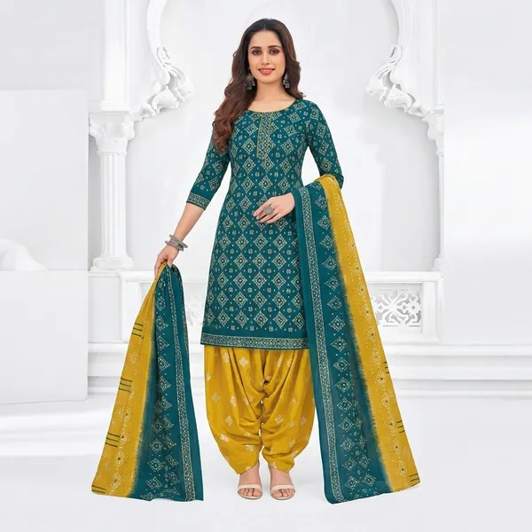 Teal_And_Mustard_Pure_Cotton_Kurti_Set_With_Dupatta_For_Women
