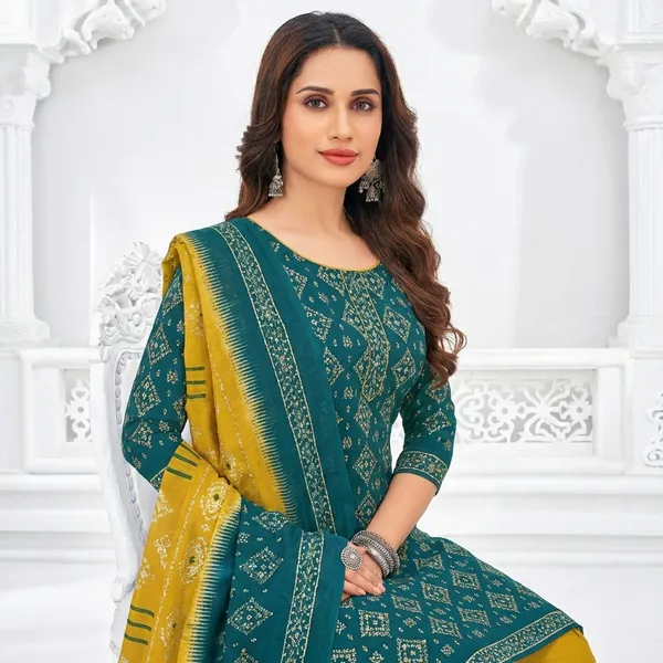 Teal_And_Mustard_Pure_Cotton_Kurti_Set_With_Dupatta_For_Women