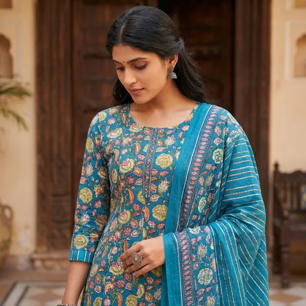 Blue_Pure_Cotton_Kurti_Set_With_Dupatta_For_Women