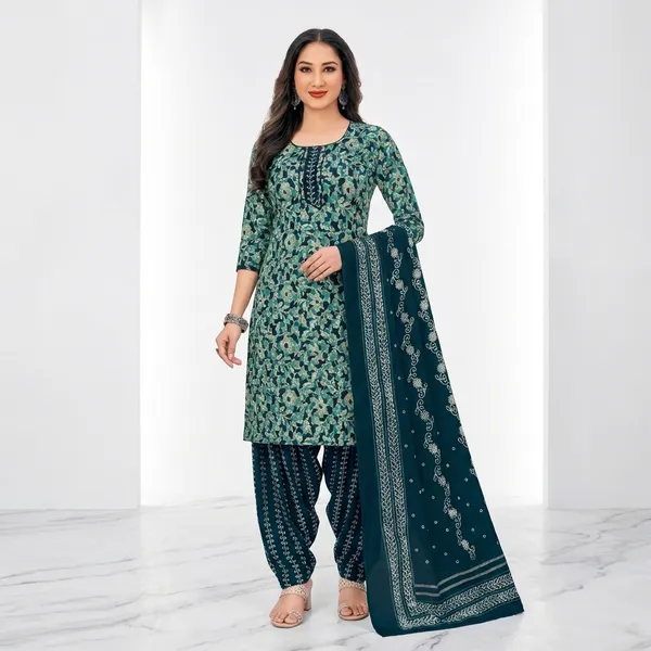 Green_And_Navy_Blue_Pure_Cotton_Kurti_Set_With_Dupatta_For_Women