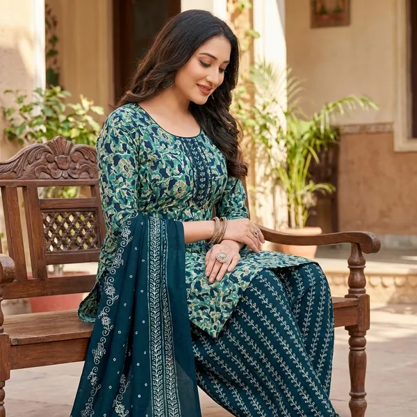 Green_And_Navy_Blue_Pure_Cotton_Kurti_Set_With_Dupatta_For_Women