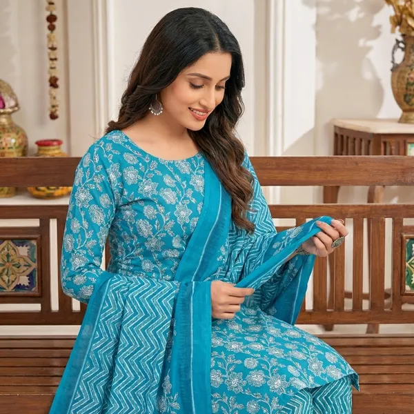 Blue_Pure_Cotton_Kurti_Set_With_Dupatta_For_Women