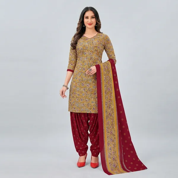 Beige_And_Red_Pure_Cotton_Kurti_Set_With_Dupatta_For_Women