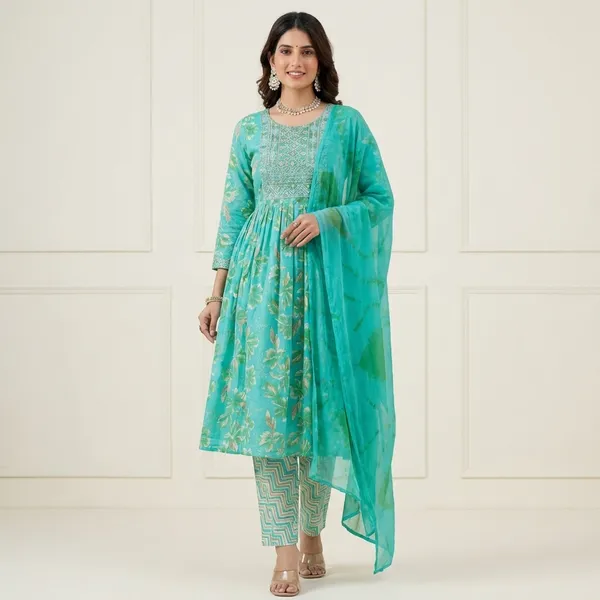 Turquoise_Blue_Pure_Cotton_Kurti_Set_With_Dupatta_For_Women