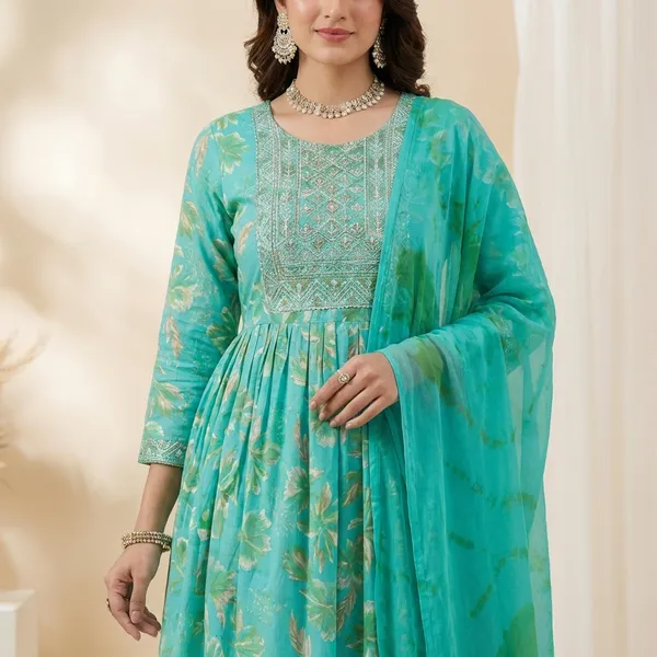 Turquoise_Blue_Pure_Cotton_Kurti_Set_With_Dupatta_For_Women