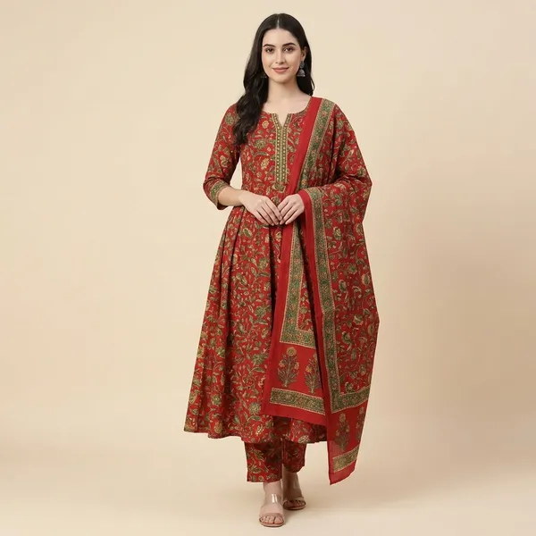 Red_Pure_Cotton_Anarkali_Suit_For_Women