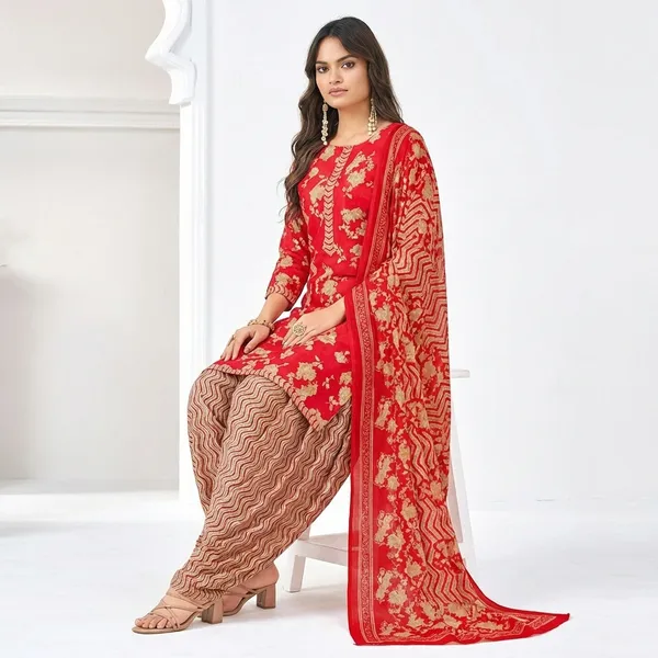 Red_And_Beige_Pure_Cotton_Kurti_Set_With_Dupatta_For_Women