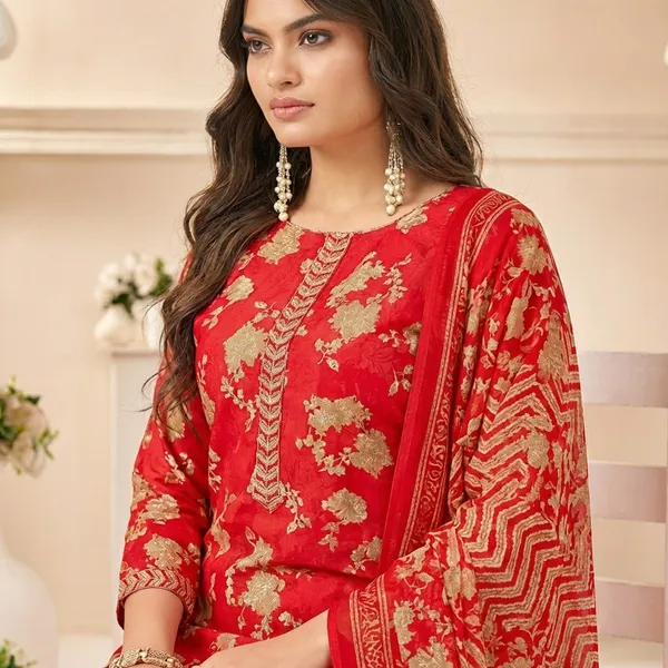 Red_And_Beige_Pure_Cotton_Kurti_Set_With_Dupatta_For_Women