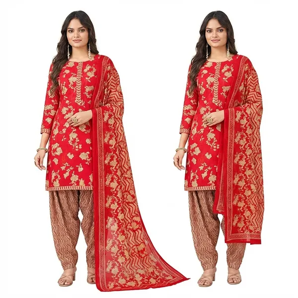 Red_Pure_Cotton_Kurti_Set_With_Dupatta_For_Women
