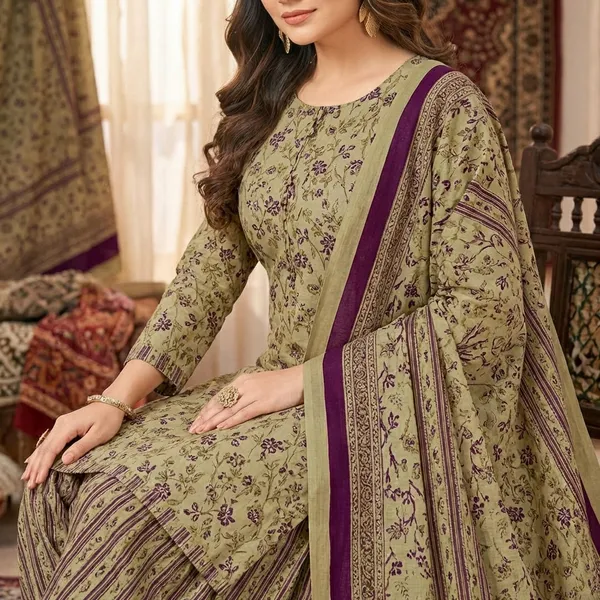 Olive_Green_And_Maroon_Pure_Cotton_Kurti_Set_With_Dupatta_For_Women