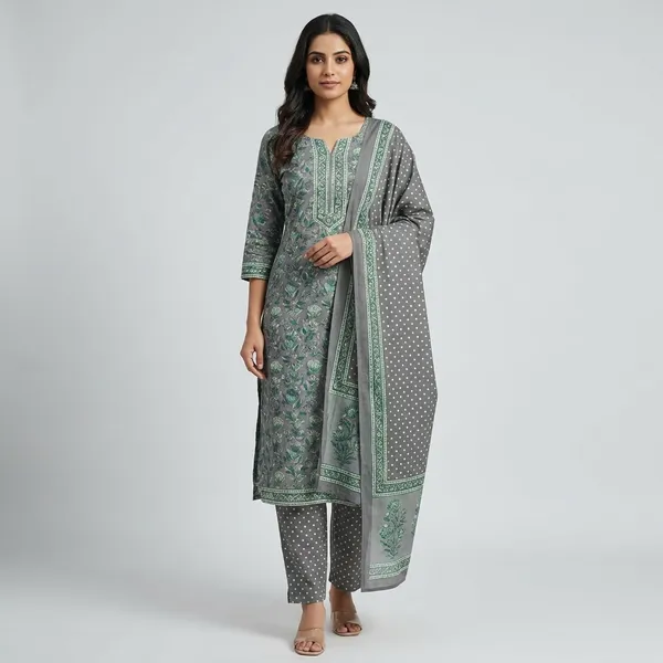 Grey_Pure_Cotton_Kurti_Set_With_Dupatta_For_Women