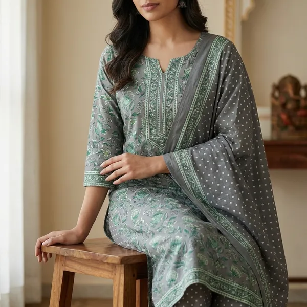 Grey_Pure_Cotton_Kurti_Set_With_Dupatta_For_Women