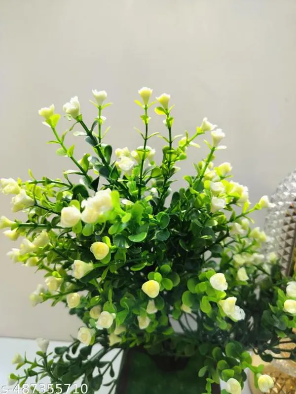 Green_Artificial_Plant_Bush_With_Small_Yellow_Flower_And_Wooden_Pot