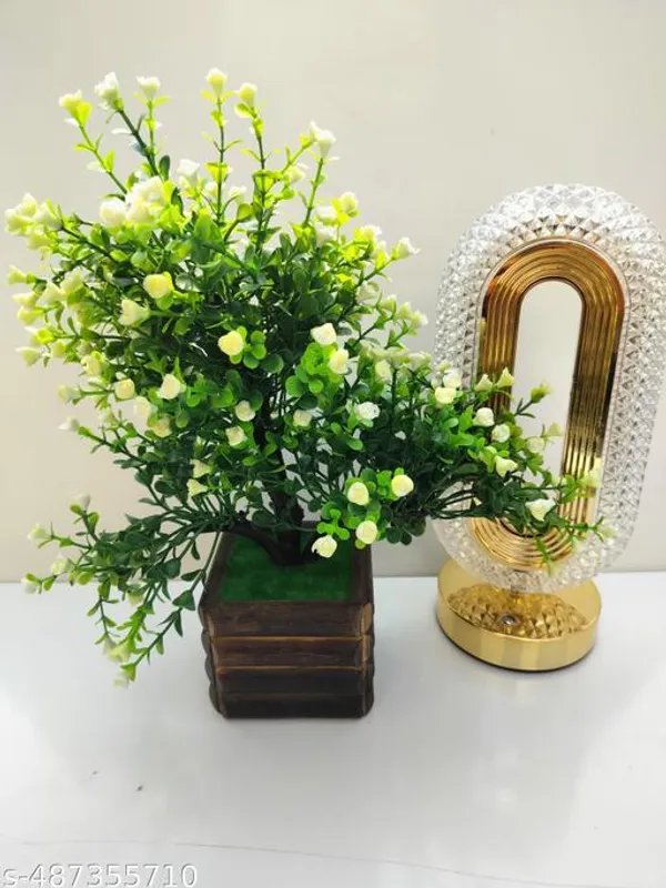Green_Artificial_Plant_Bush_With_Small_Yellow_Flower_And_Wooden_Pot