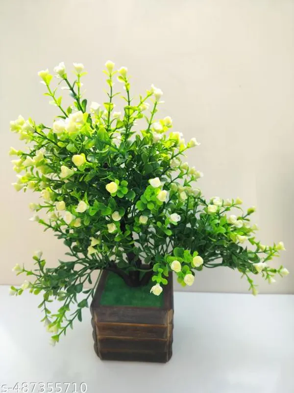 Green_Artificial_Plant_Bush_With_Small_Yellow_Flower_And_Wooden_Pot