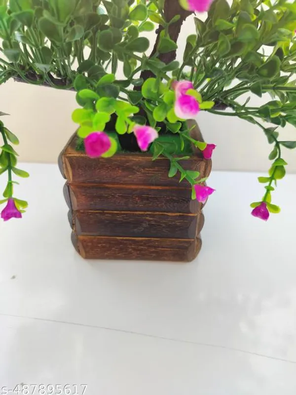 Green_Artificial_Flower_Arrangement_With_Purple_Bud_Wooden_Pot_For_Home_Decor