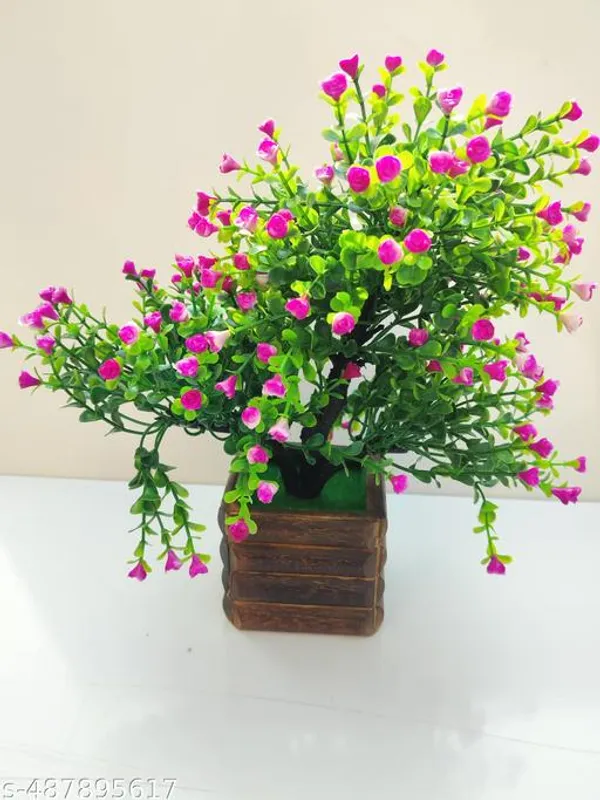 Green_Artificial_Flower_Arrangement_With_Purple_Bud_Wooden_Pot_For_Home_Decor