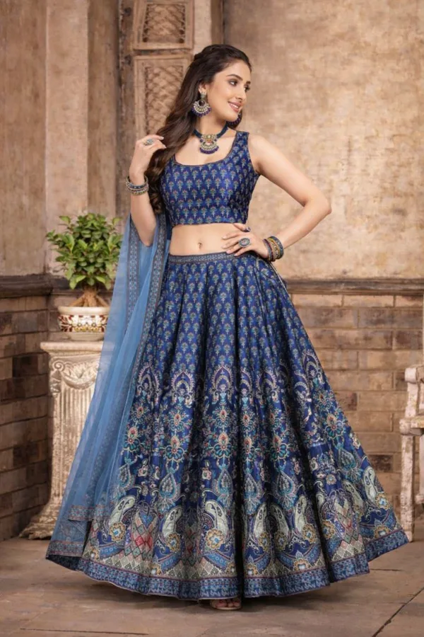 Navy_Blue_Raw_Silk_Crop_Top_Set_For_Women_Set_Of_3