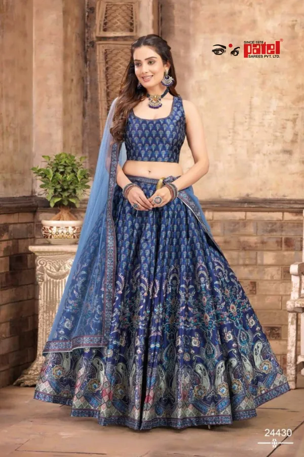 Navy_Blue_Raw_Silk_Crop_Top_Set_For_Women_Set_Of_3