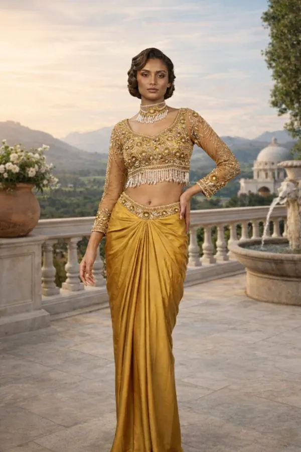 Yellow_Crape_Indo_Western_Outfit_For_Women_Set_Of_3