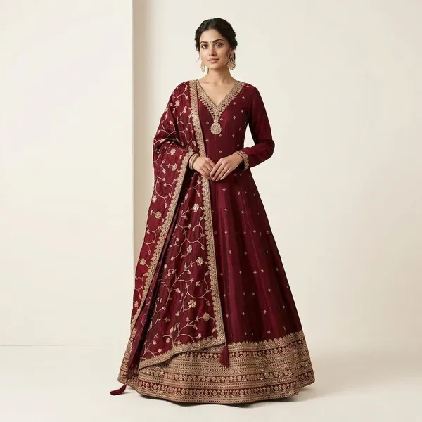 Wine_Raw_Silk_Ethnic_Gown_For_Women_Set_Of_3