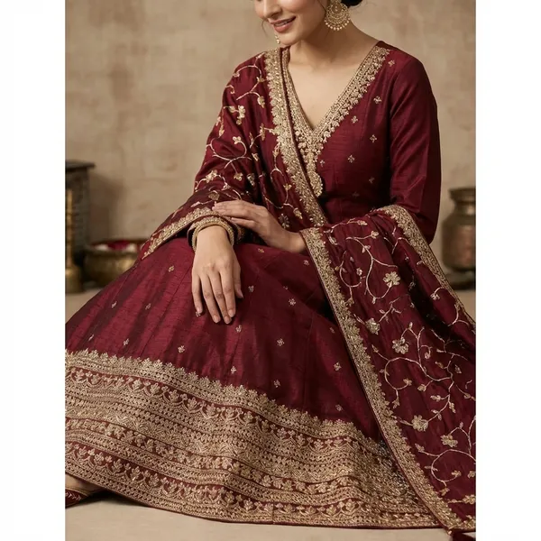 Wine_Raw_Silk_Ethnic_Gown_For_Women_Set_Of_3