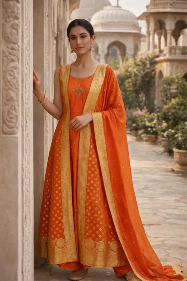 Orange_Raw_Silk_Ethnic_Gown_For_Women_Set_Of_3