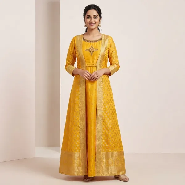 Yellow_Raw_Silk_Ethnic_Gown_For_Women_Set_Of_3