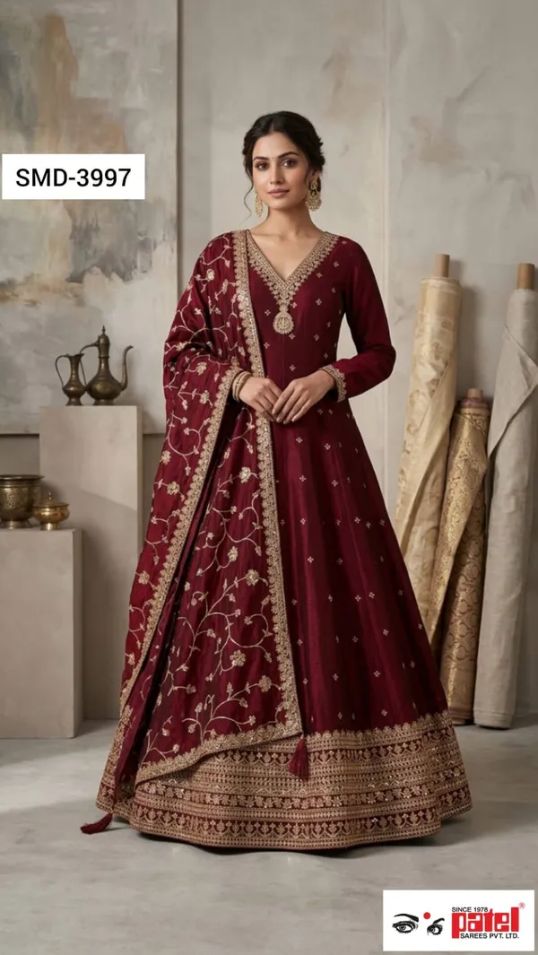 Wine_Raw_Silk_Ethnic_Gown_For_Women_Set_Of_3