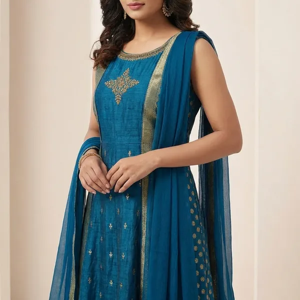 Blue_Raw_Silk_Ethnic_Gown_For_Women_Set_Of_3