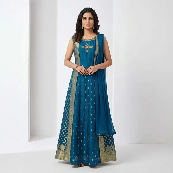 Blue_Raw_Silk_Ethnic_Gown_For_Women_Set_Of_3