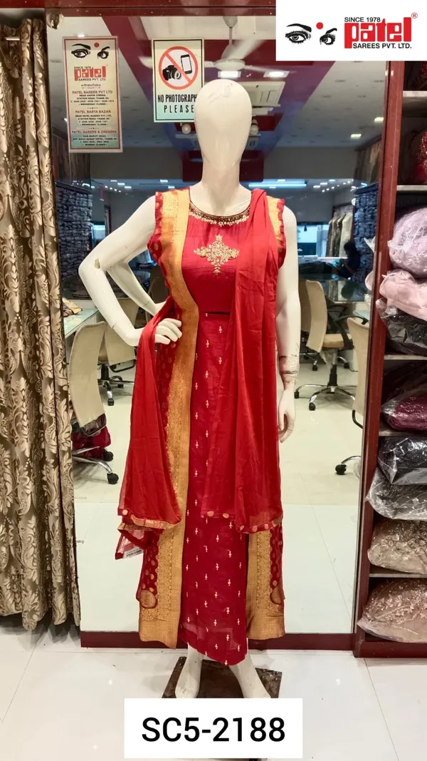 Red_Raw_Silk_Ethnic_Gown_For_Women_Set_Of_3