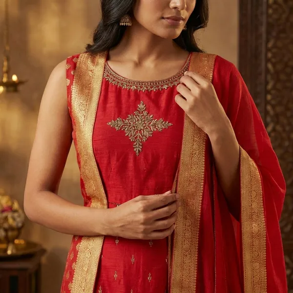 Red_Raw_Silk_Ethnic_Gown_For_Women_Set_Of_3