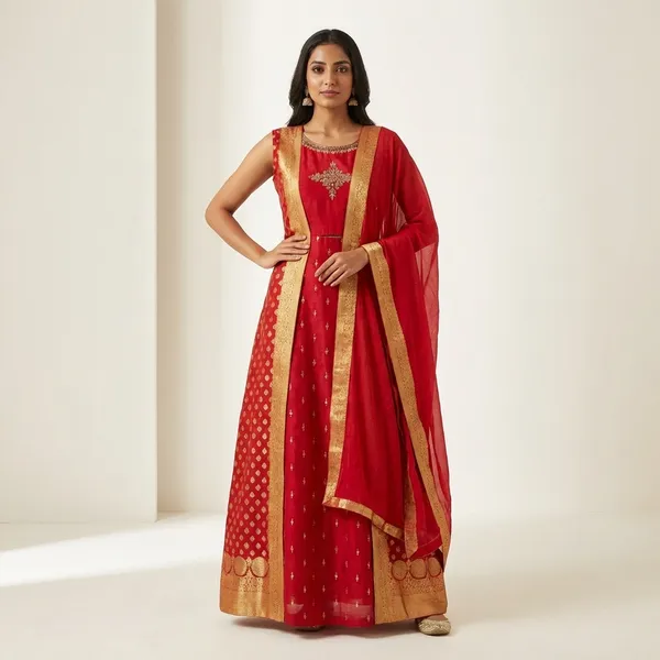 Red_Raw_Silk_Ethnic_Gown_For_Women_Set_Of_3