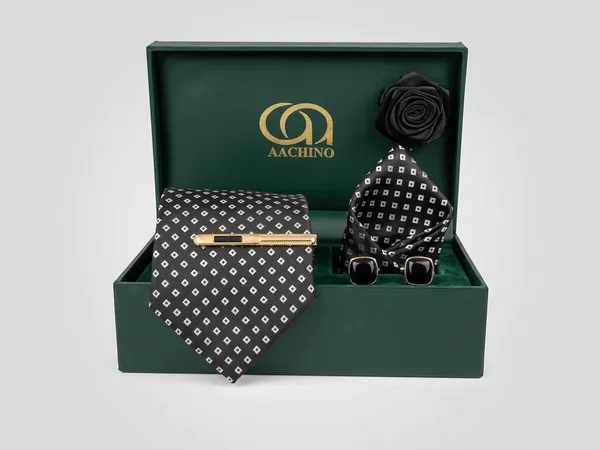 AACHINO_Premium_Men's_Tie_Gift_Set_|_Necktie,_Pocket_Square,_Cufflinks,_Lapel_Pin_&_Tie_Pin_|_Luxury_Gift_Box_for_Wedding,_Office,_Parties_&_Formal_Wear_(Black_Dot)