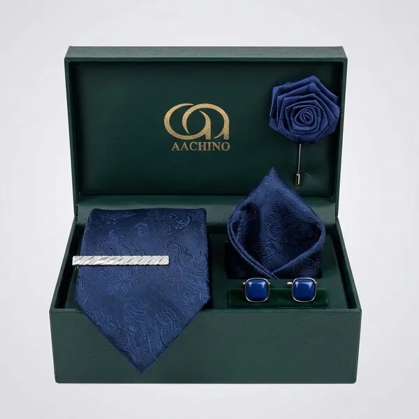 AACHINO_Premium_Men's_Tie_Gift_Set_|_Necktie,_Pocket_Square,_Cufflinks,_Lapel_Pin_&_Tie_Pin_|_Luxury_Gift_Box_for_Wedding,_Office,_Parties_&_Formal_Wear_(Blue_JQ)