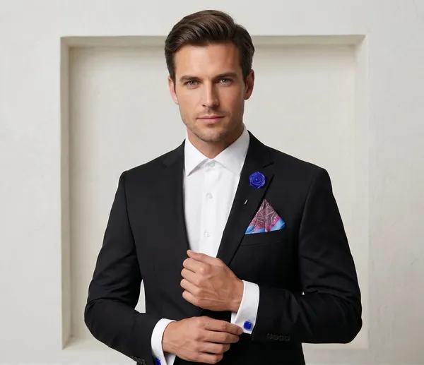 AACHINO_Men�s_Pocket_Square_Gift_Set_with_Cufflinks_&_Lapel_Pin_|_Premium_Polyester_Formal_Accessories_for_Wedding,_Party_&_Office_Wear_(Blue_Dots_Mr)