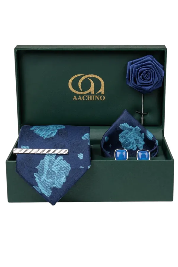 AACHINO_Italian_Micro_Fabric_Tie_Set_for_Men_with_Pocket_Square,_Cufflinks,_Tie_Pin_&_Lapel_Pin_|_Premium_Wedding_&_Formal_Gift_Box_(Blue_Fl)