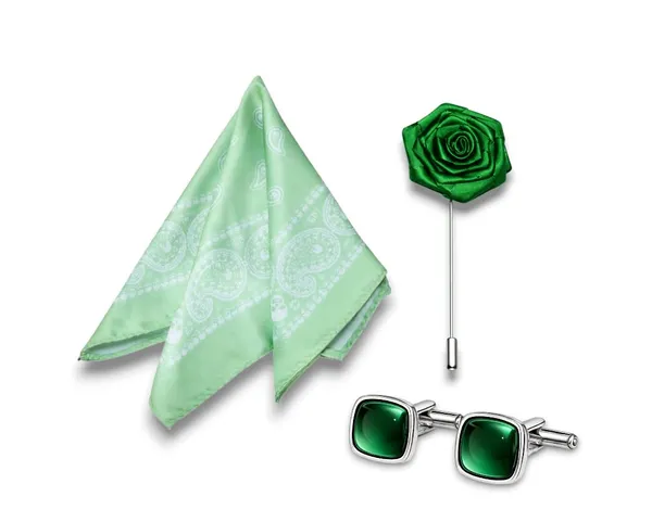 AACHINO_Men�s_Formal_Accessory_Set_�_Pocket_Square,_Cufflinks_&_Lapel_Pin_with_Premium_Gift_Box_|_Polyester_Designer_Combo_for_Wedding,_Party_&_Office_Wear_(Amb_Green_Er)