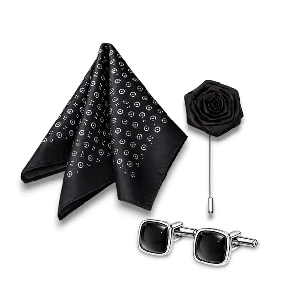 AACHINO_Pocket_Square_Set_for_Men_with_Cufflinks_&_Lapel_Pin_|_Polyester_Formal_Accessories_Gift_Box_for_Wedding,_Party_&_Office_Wear_(Black_Dude)