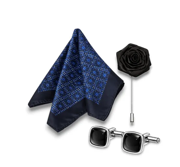 AACHINO_Pocket_Square_Set_for_Men_with_Cufflinks_&_Lapel_Pin_|_Polyester_Formal_Accessories_Gift_Box_for_Wedding,_Party_&_Office_Wear_(Black_FM)