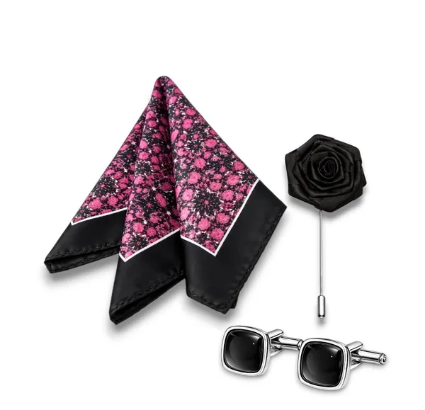 AACHINO_Pocket_Square_Set_for_Men_with_Cufflinks_&_Lapel_Pin_|_Polyester_Formal_Accessories_Gift_Box_for_Wedding,_Party_&_Office_Wear_(Black_Hawn)