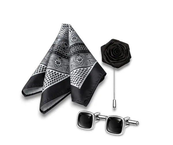 AACHINO_Pocket_Square_Set_for_Men_with_Cufflinks_&_Lapel_Pin_|_Polyester_Formal_Accessories_Gift_Box_for_Wedding,_Party_&_Office_Wear_(Black_Jkr)