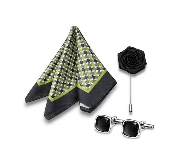AACHINO_Pocket_Square_Set_for_Men_with_Cufflinks_&_Lapel_Pin_|_Polyester_Formal_Accessories_Gift_Box_for_Wedding,_Party_&_Office_Wear_(Black_Ninja)